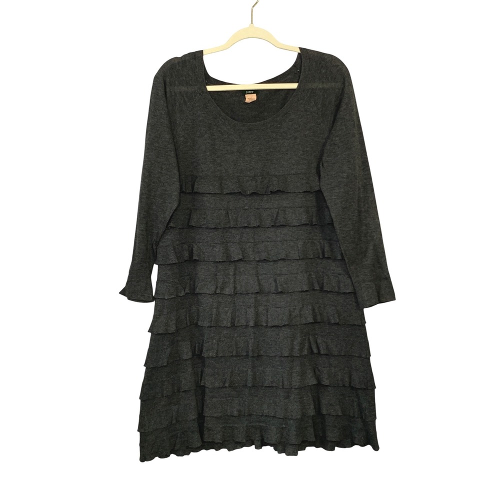 J. Crew Charcoal Gray Tiered Ruffle Long Sleeve Dress Size L‎ Pima Cotton Wool